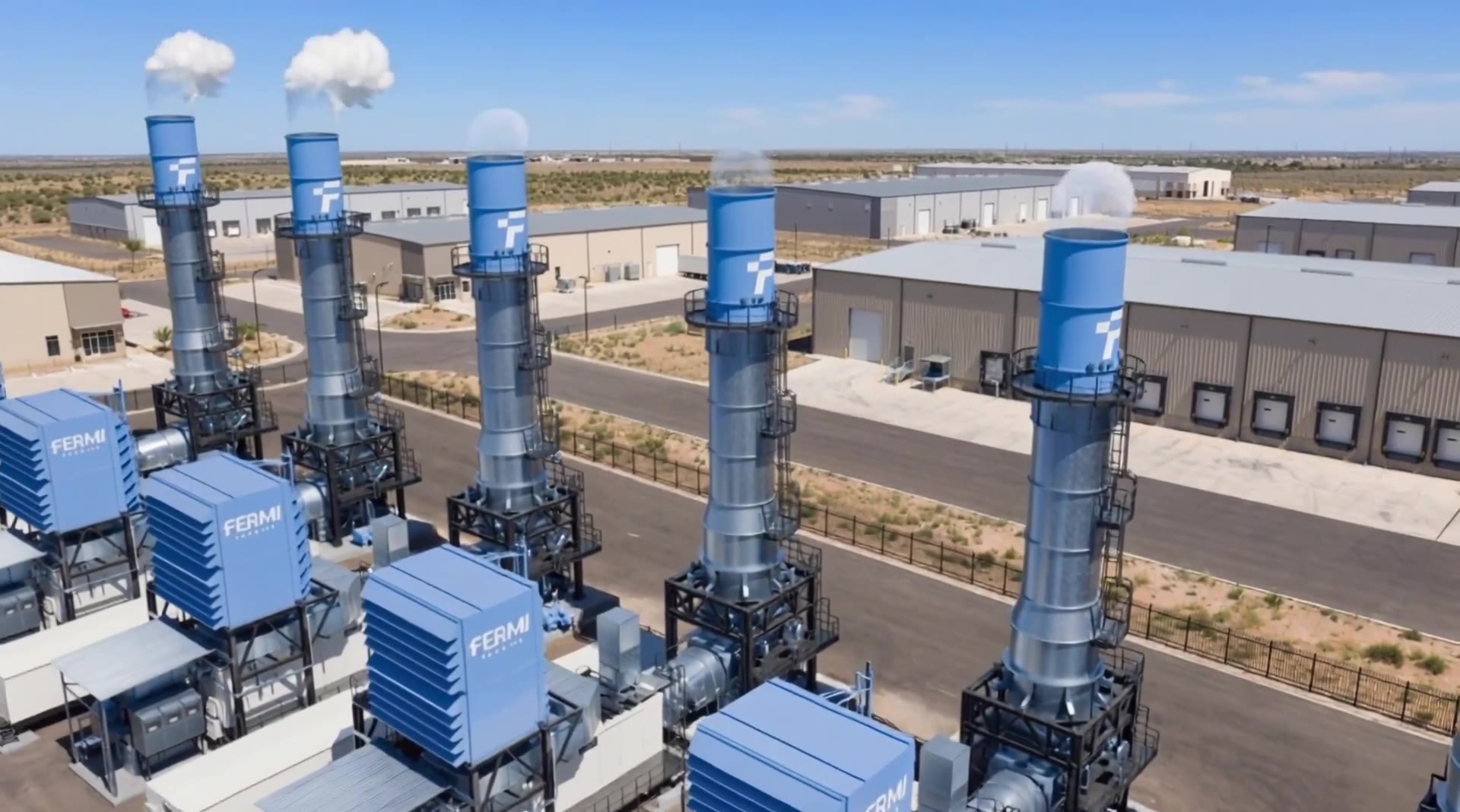 Rows of Siemens Energy gas turbine generators and their exhaust stacks on the Project Matador campus