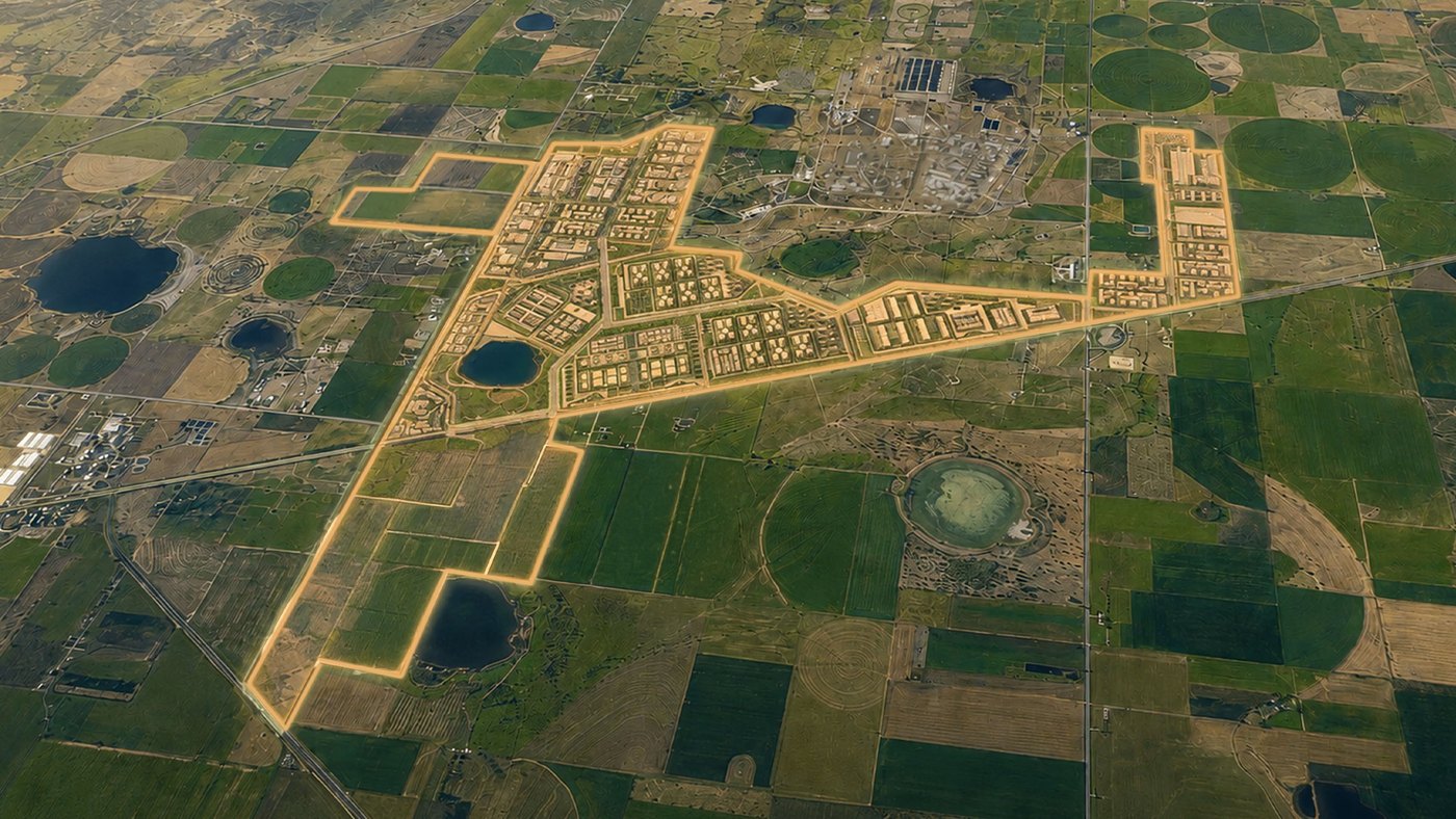 Aerial photograph of the Project Matador site on the Texas Panhandle with the campus parcels outlined