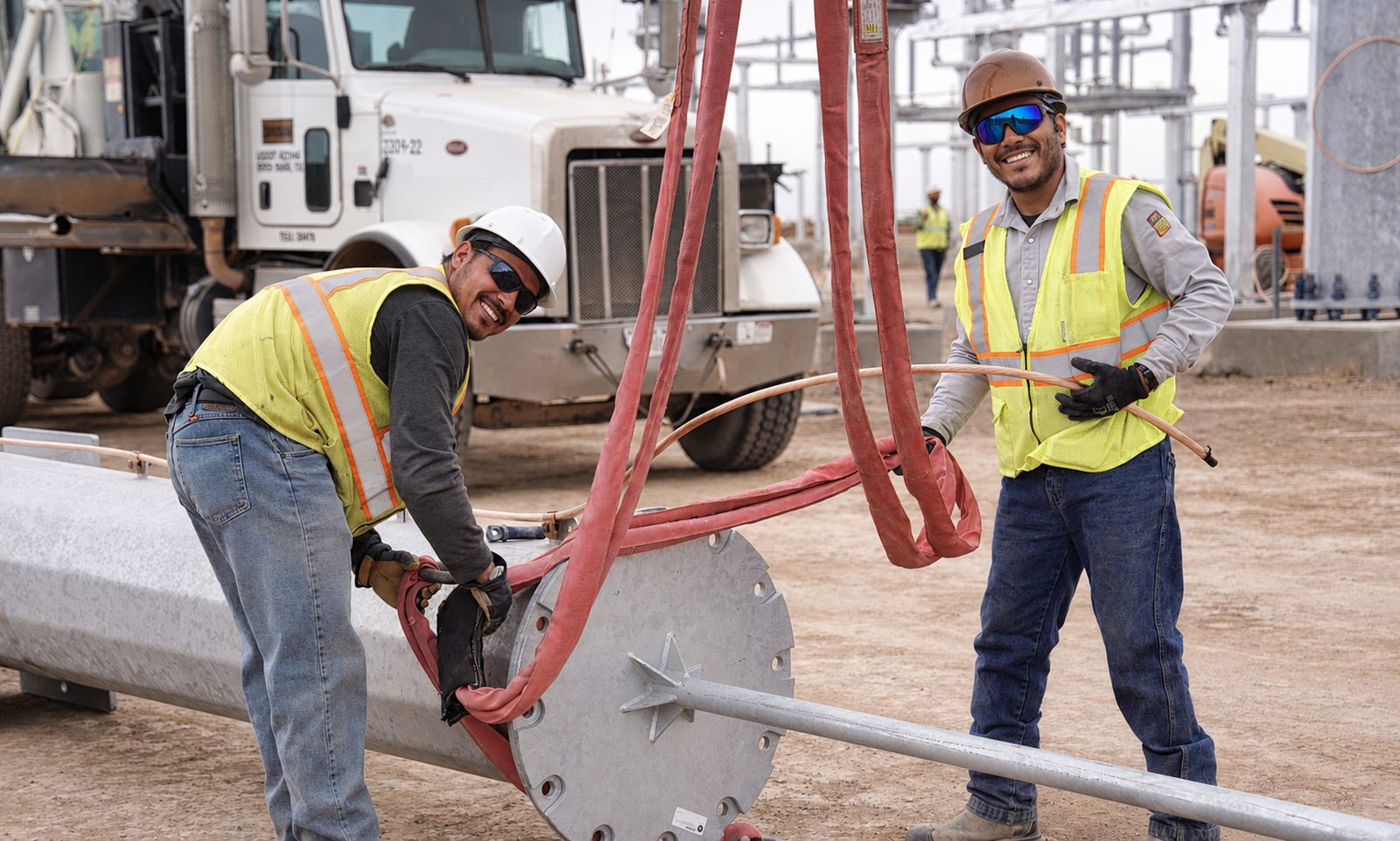 Two Fermi America crew members in hard hats and safety vests guiding a steel component on the Project Matador site
